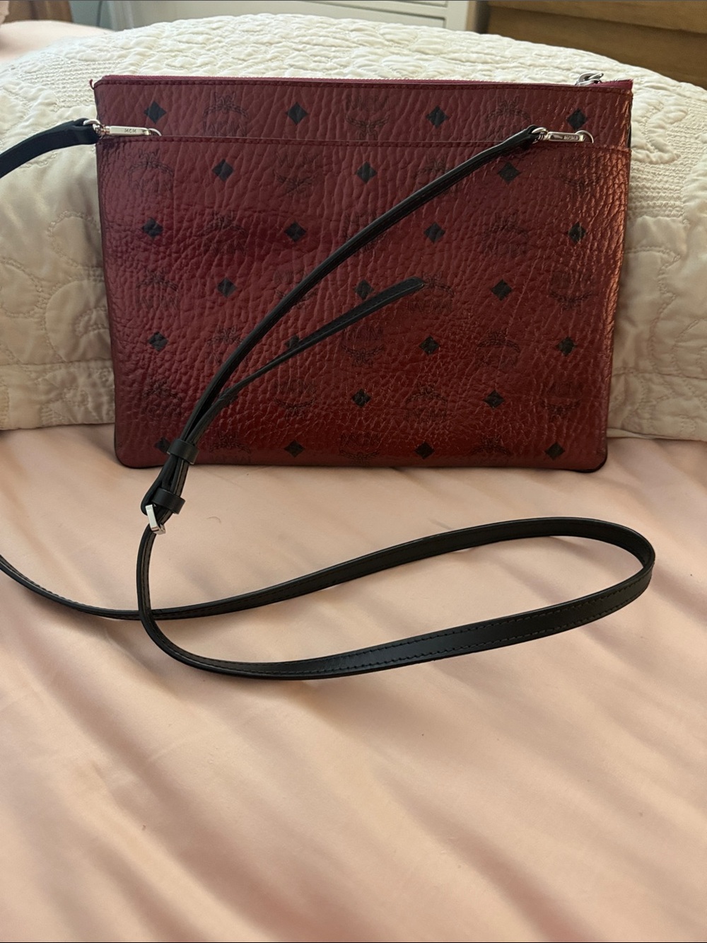 MCM Burgundy Crossbody Pouch with Black Strap
